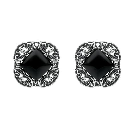 Sterling Silver Whitby Jet Antique Style Stud Earrings - Silver