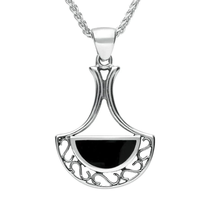 Sterling Silver Whitby Jet Art Deco Fan Necklace - Silver