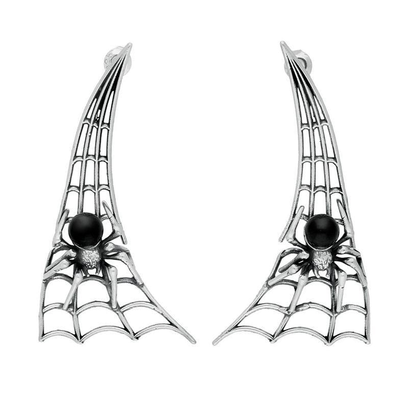 Sterling Silver Whitby Jet Articulated Spider Web Drop Earrings - Silver