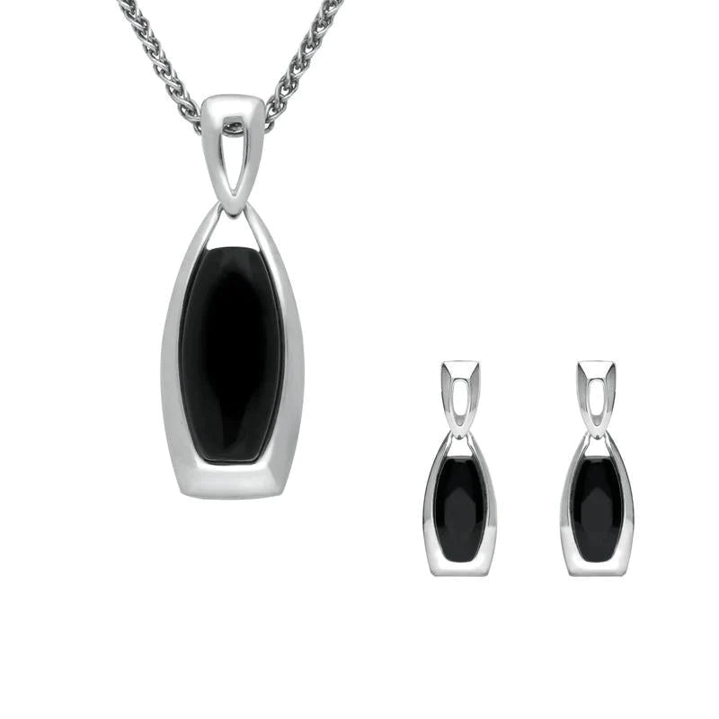 Sterling Silver Whitby Jet Barrel Shaped Two Piece Set