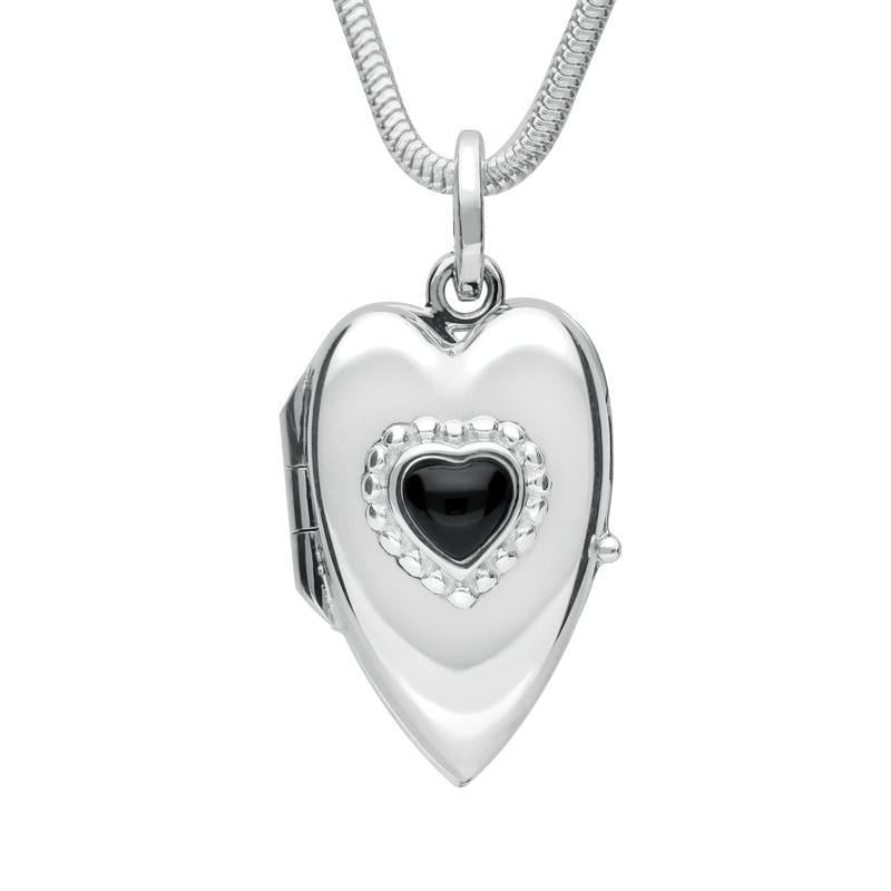 Sterling Silver Whitby Jet Beaded Edge Heart Locket Necklace
