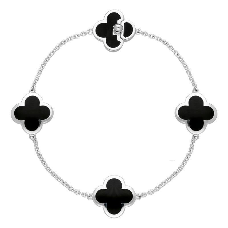 Sterling Silver Whitby Jet Bloom Four Stone Four Leaf Clover Chain Bracelet D