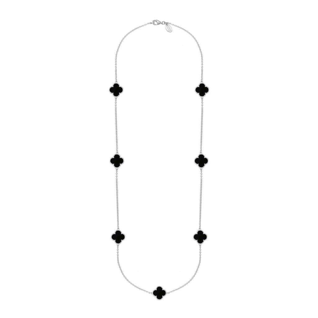 Sterling Silver Whitby Jet Bloom Four Leaf Clover Ball Edge Long Necklace - Silver