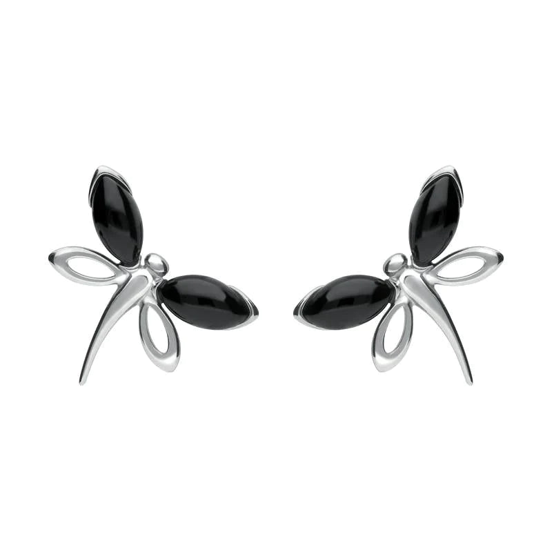 Sterling Silver Whitby Jet Butterfly Stud Earrings - Silver