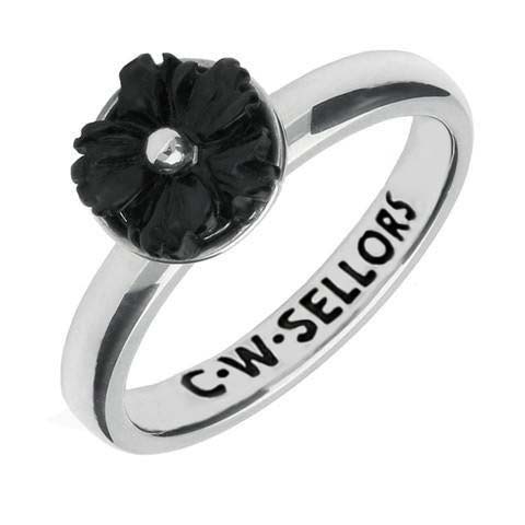 Sterling Silver Whitby Jet Tuberose Carved Flower Ring - Silver