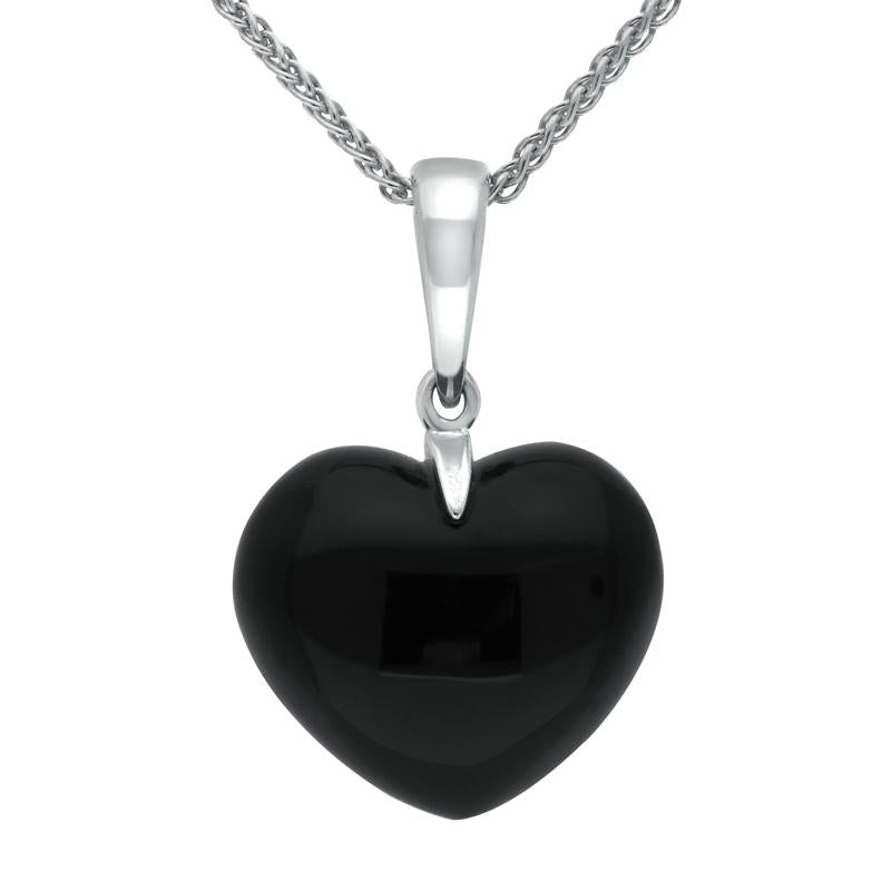 Sterling Silver Whitby Jet Carved Heart Necklace - Silver