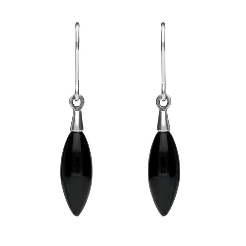 Sterling Silver Whitby Jet Carved Marquise Drop Earrings - Silver