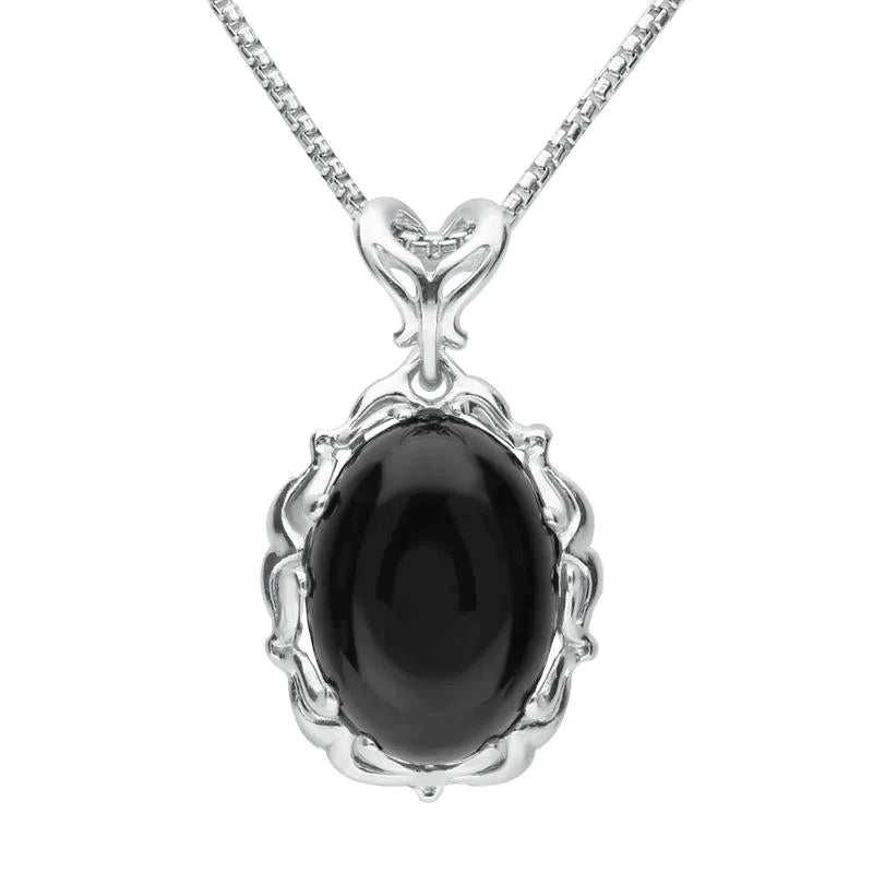Sterling Silver Whitby Jet Carved Oval Necklace - Silver