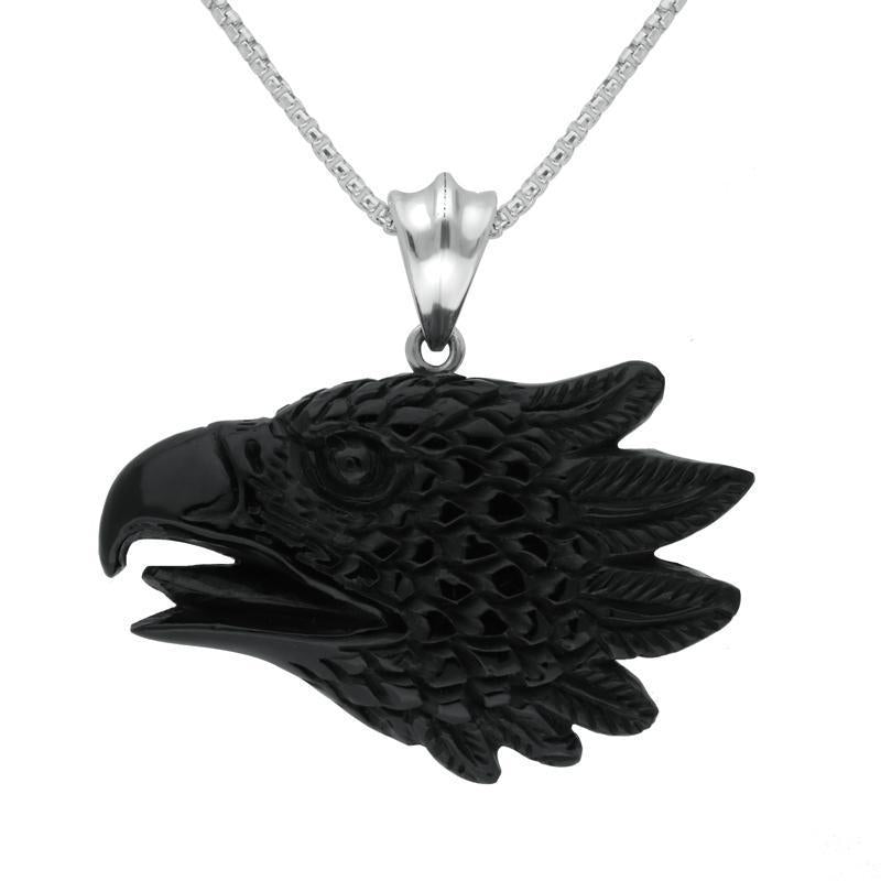 Sterling Silver Whitby Jet Carved Phoenix Head Necklace - Silver