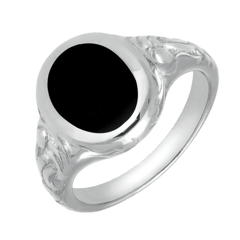 Sterling Silver Whitby Jet Carved Shoulder Oval Signet Ring