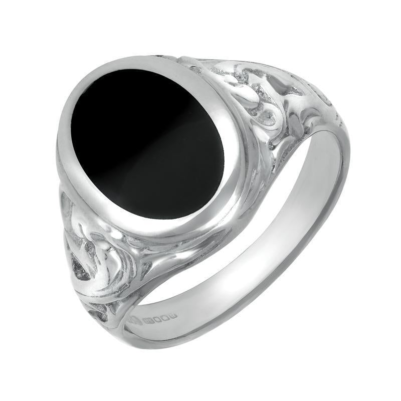 Sterling Silver Whitby Jet Carved Shoulder Oval Signet Ring - Silver