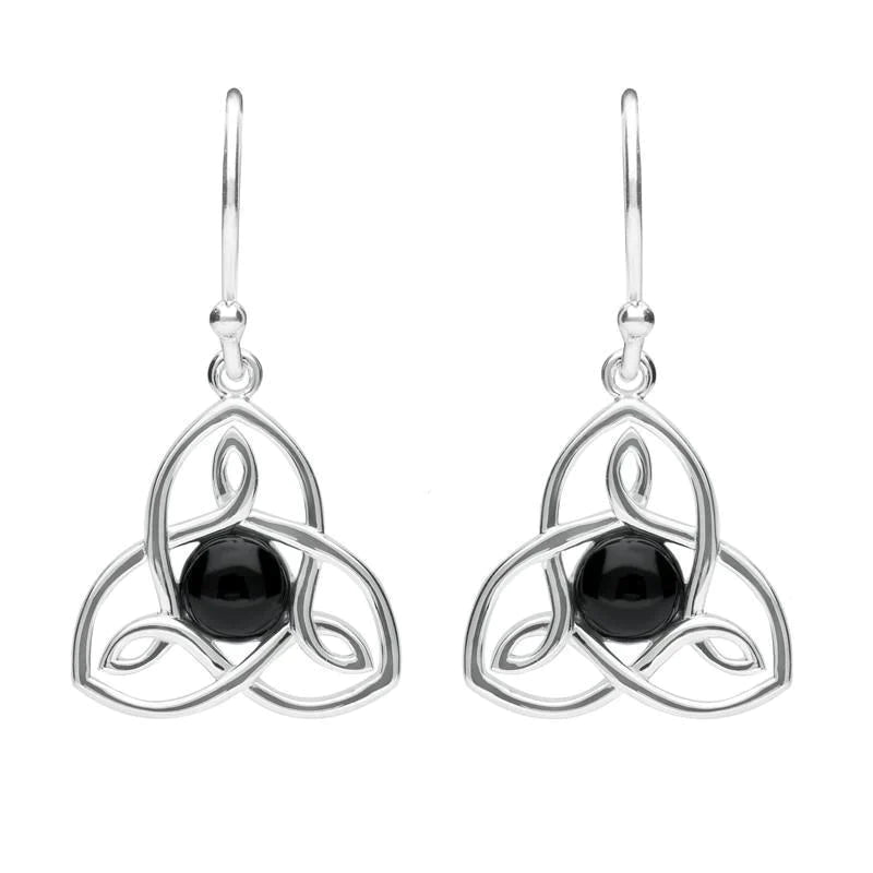 Sterling Silver Whitby Jet Celtic Knot Hook Drop Earrings - Silver