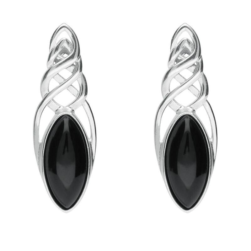 Sterling Silver Whitby Jet Celtic Long Marquise Stud Earrings - Silver