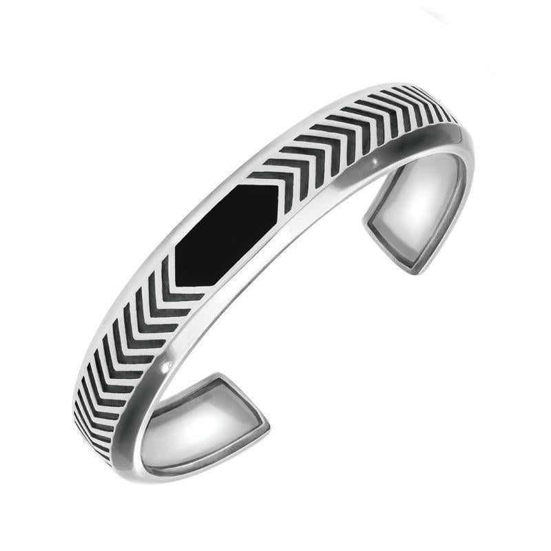 Sterling Silver Whitby Jet Chevron Patterned Stone Set Bangle - Silver