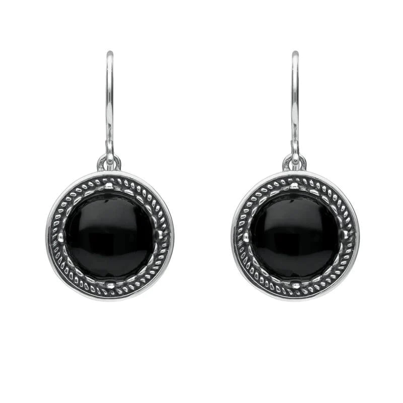 Sterling Silver Whitby Jet Circle Stone Oxidised Drop Earrings - Silver