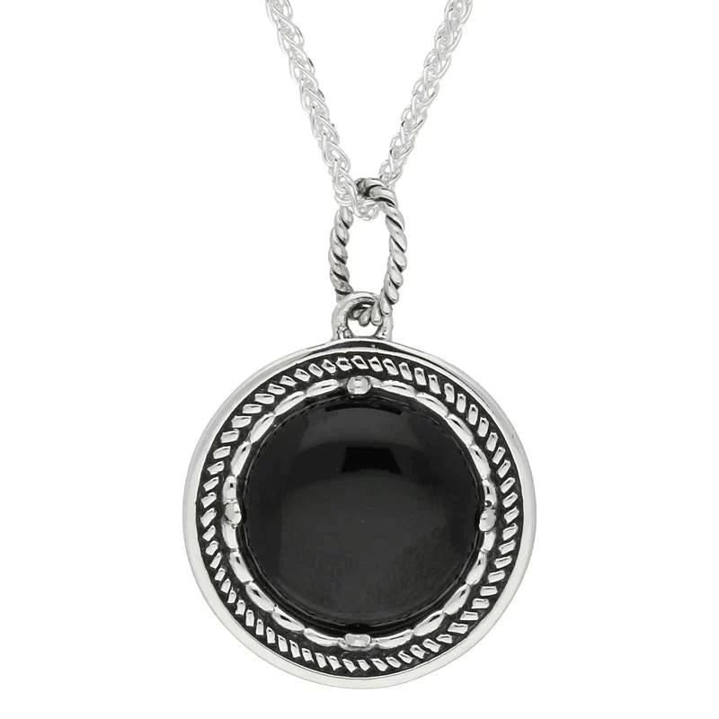 Sterling Silver Whitby Jet Circle Stone Oxidised Large Necklace - Silver