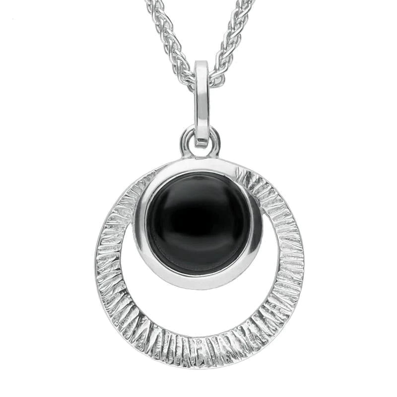 Sterling Silver Whitby Jet Circular Cut Out Necklace - Silver