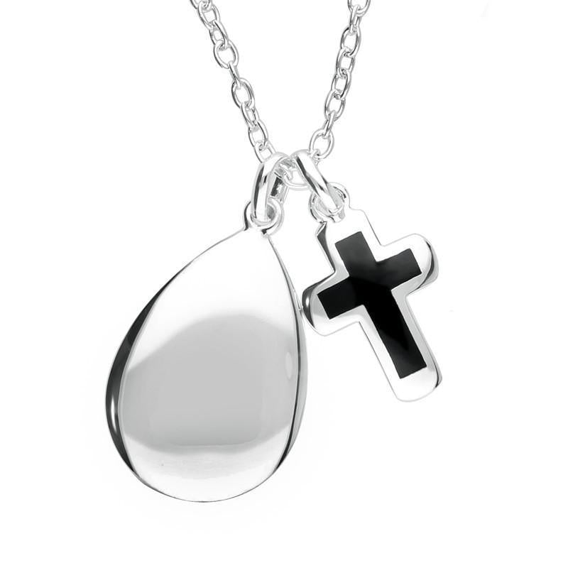 Sterling Silver Whitby Jet Cross and Pear Pendant Necklace - Option1 Value Silver