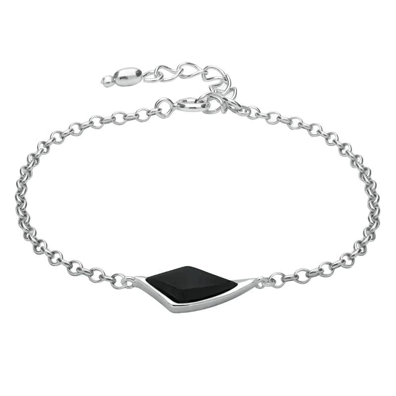 Sterling Silver Whitby Jet Curved Diamond Shaped Bracelet