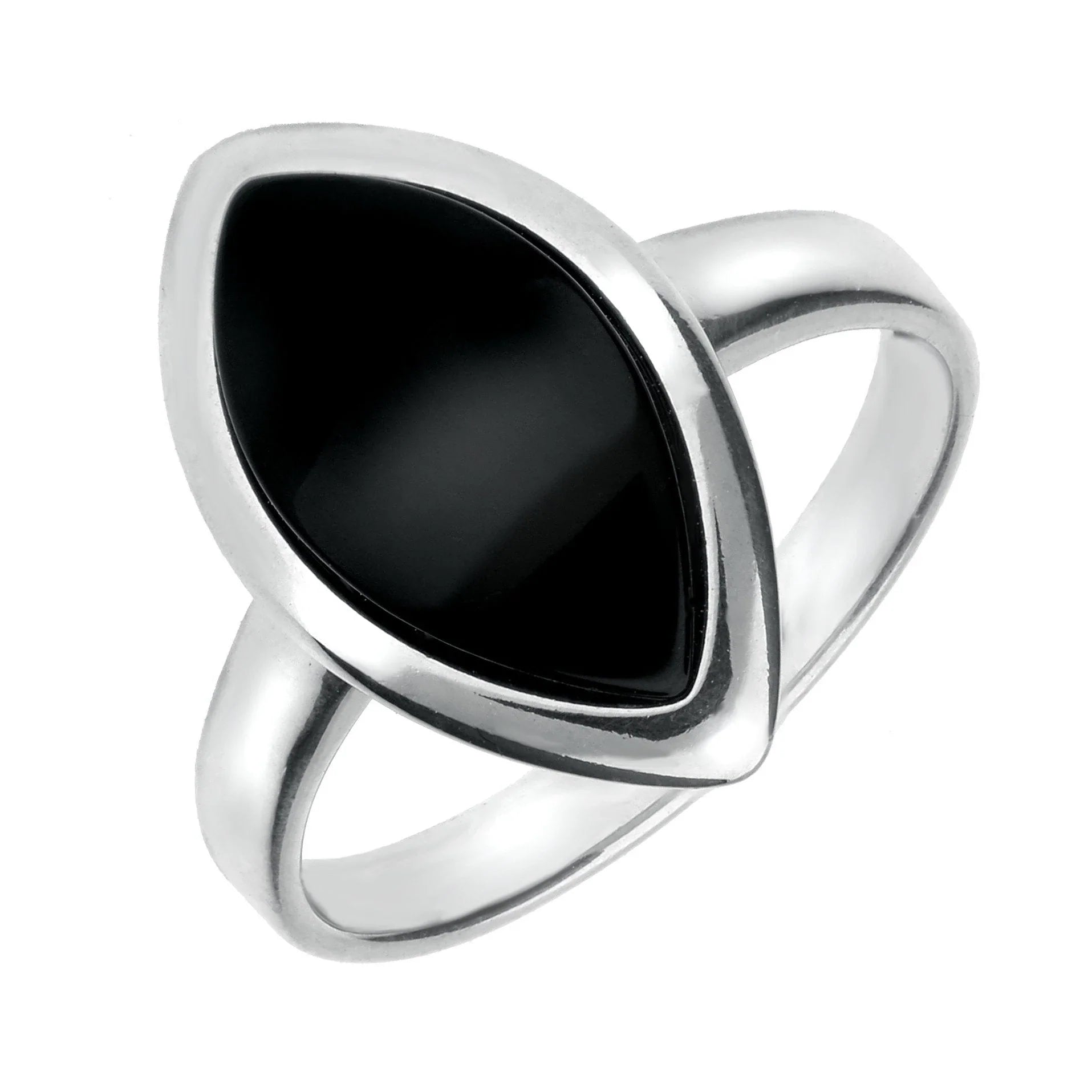 Sterling Silver Whitby Jet Curved Marquise Shaped Ring