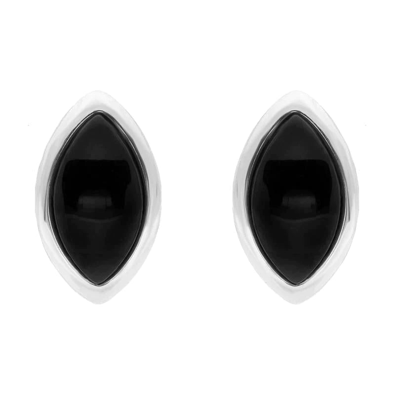 Sterling Silver Whitby Jet Curved Marquise Stud Earrings - Silver