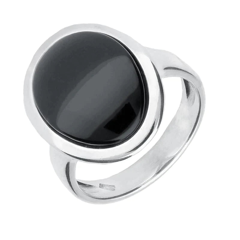 Sterling Silver Whitby Jet Curved Oval Ring - Silver