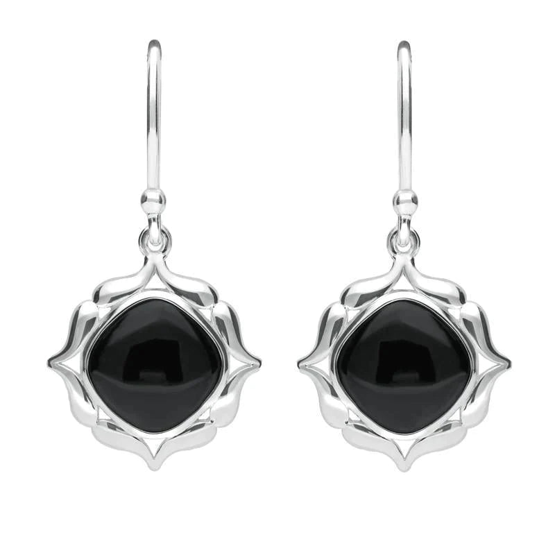 Sterling Silver Whitby Jet Cushion Fancy Edged Drop Earrings - Silver