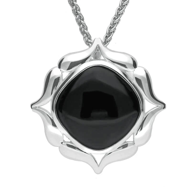 Sterling Silver Whitby Jet Cushion Fancy Edge Necklace - Silver