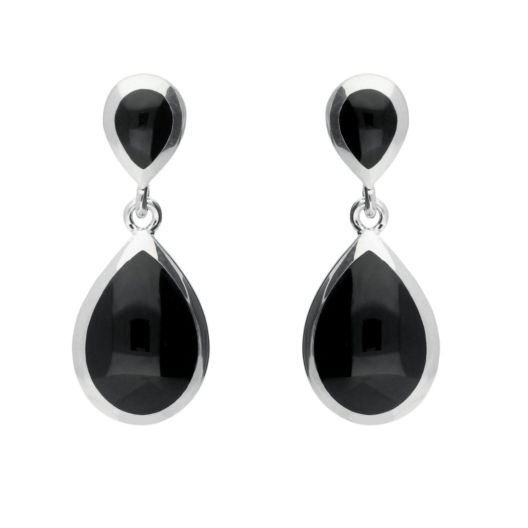 Sterling Silver Whitby Jet Double Pear Drop Earrings - Option1 Value Silver