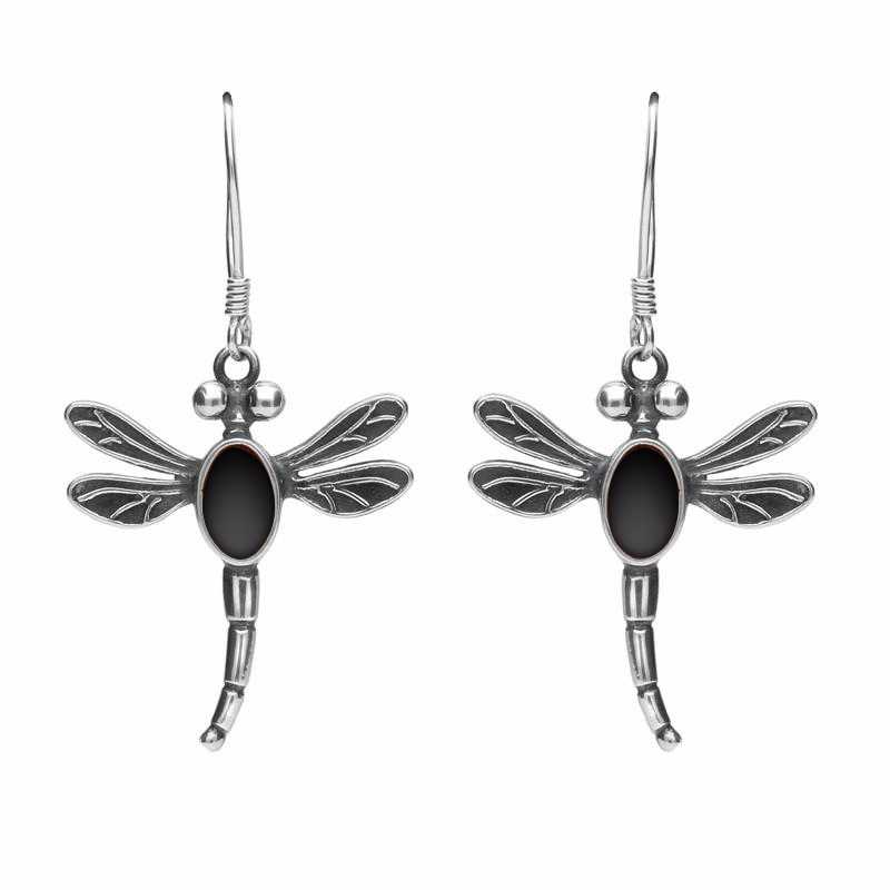 Sterling Silver Whitby Jet Dragonfly Hook Earrings - Silver