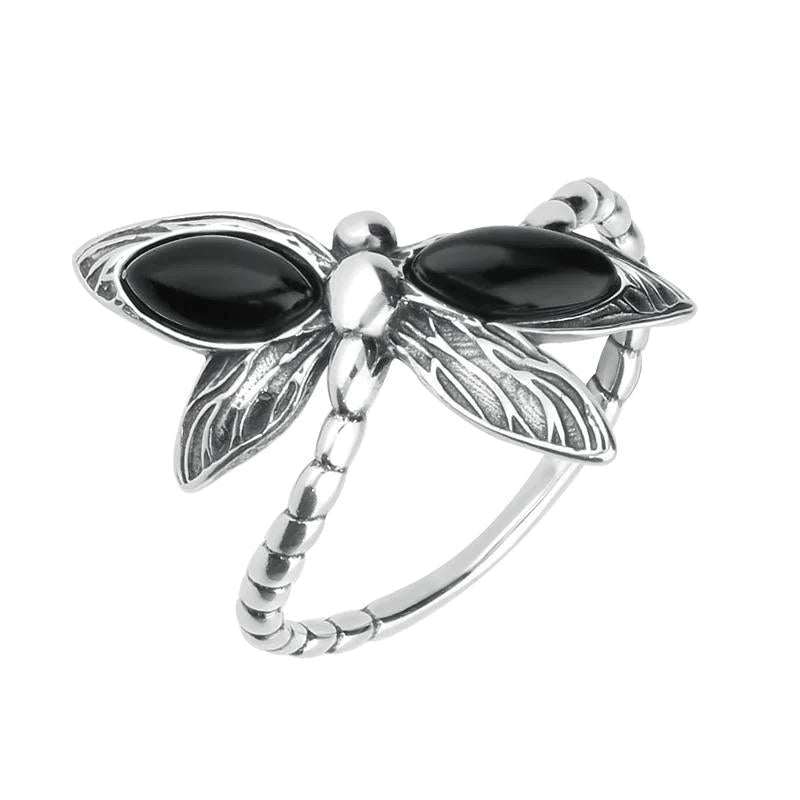 Sterling Silver Whitby Jet Dragonfly Ring - Silver