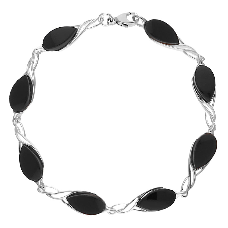 Sterling Silver Whitby Jet Celtic Eight Stone Pear Celtic Bracelet - Silver