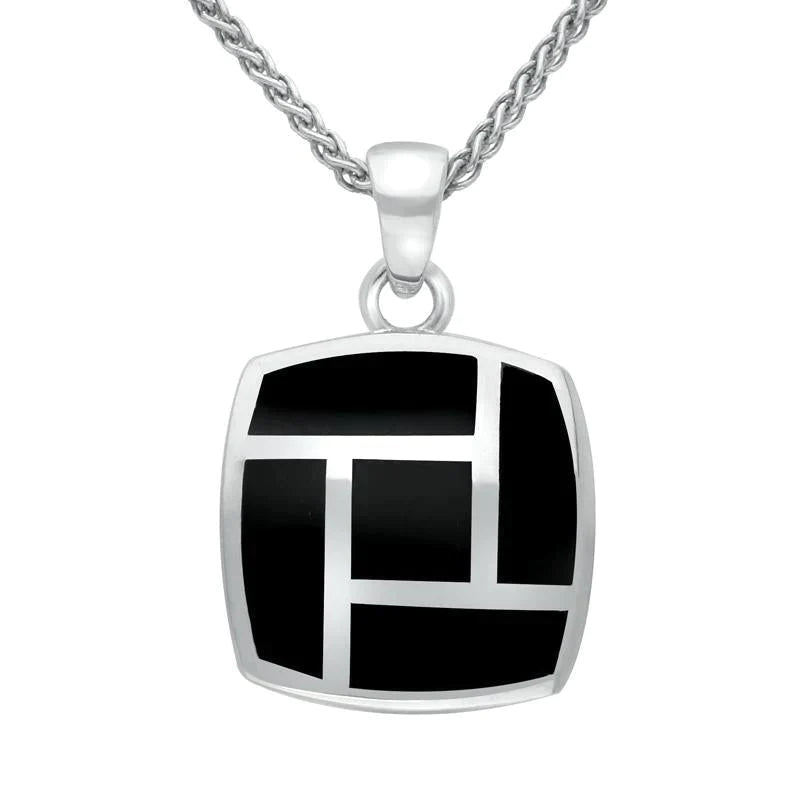Sterling Silver Whitby Jet Five Stone Tile Cushion Necklace - Silver