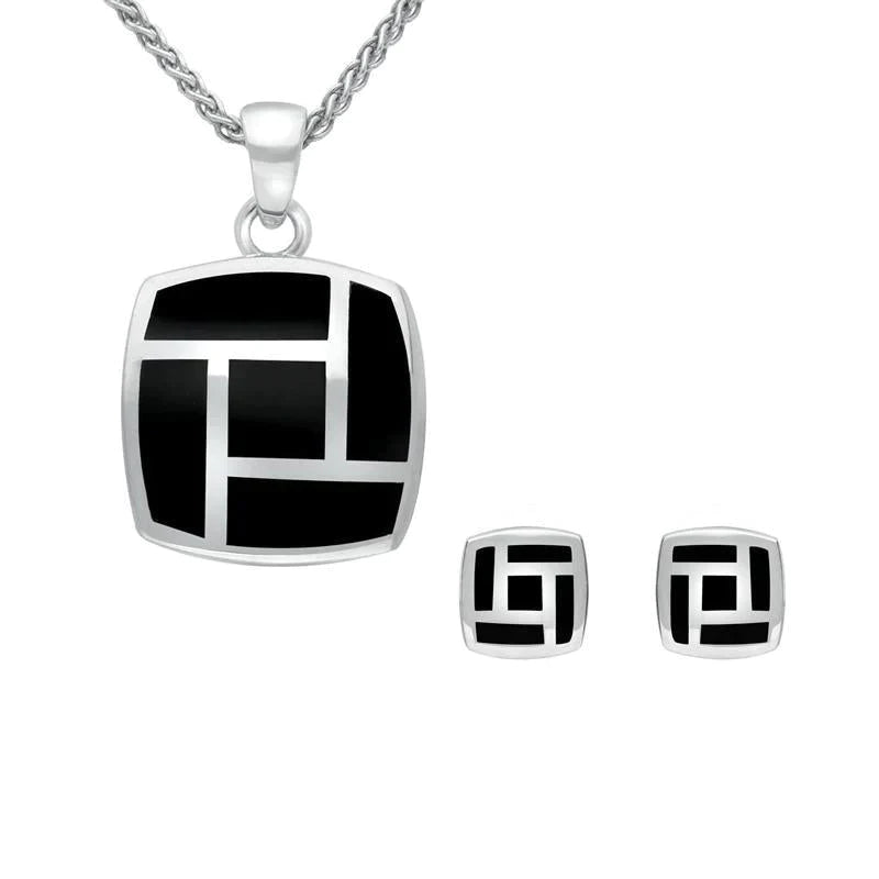 Sterling Silver Whitby Jet Five Stone Tile Two Piece Set