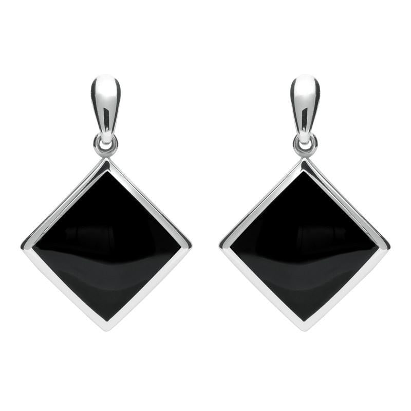 Sterling Silver Whitby Jet Rhombus Drop Earrings - Silver