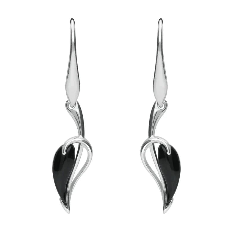 Sterling Silver Whitby Jet Fleur Leaf Drop Earrings - Silver