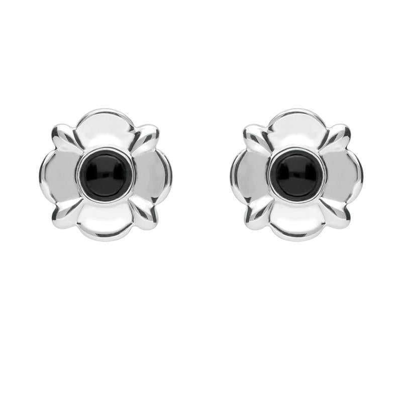 Sterling Silver Whitby Jet Four Petal Flower Stud Earrings - Silver