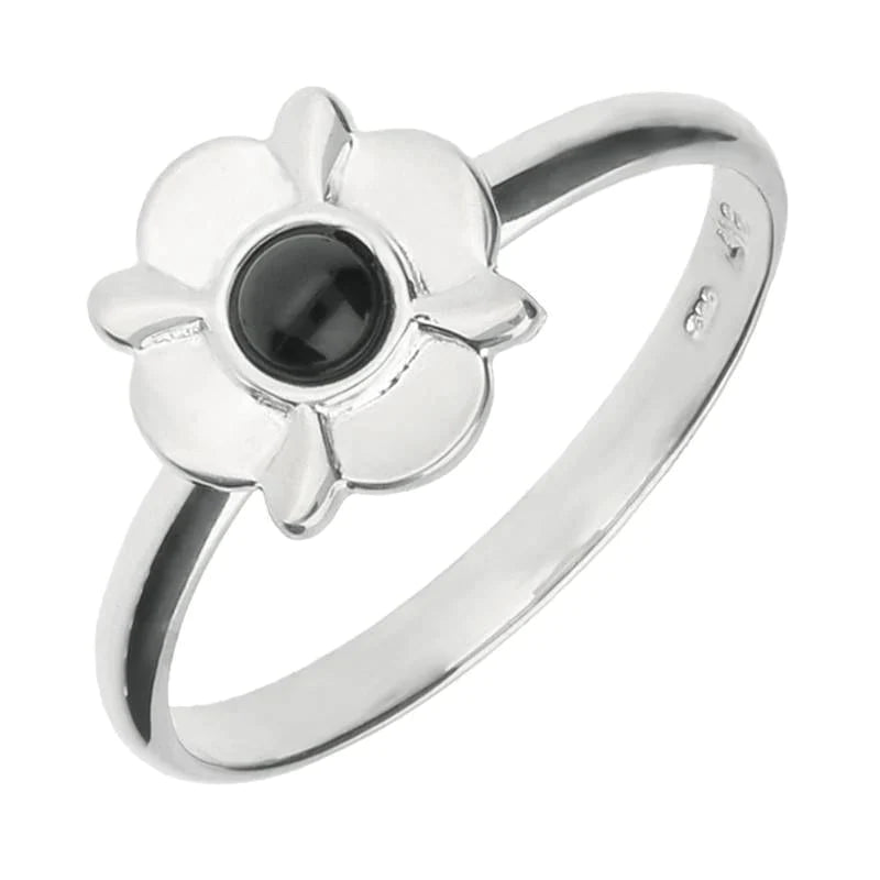 Sterling Silver Whitby Jet Four Petal Round Ring - Silver