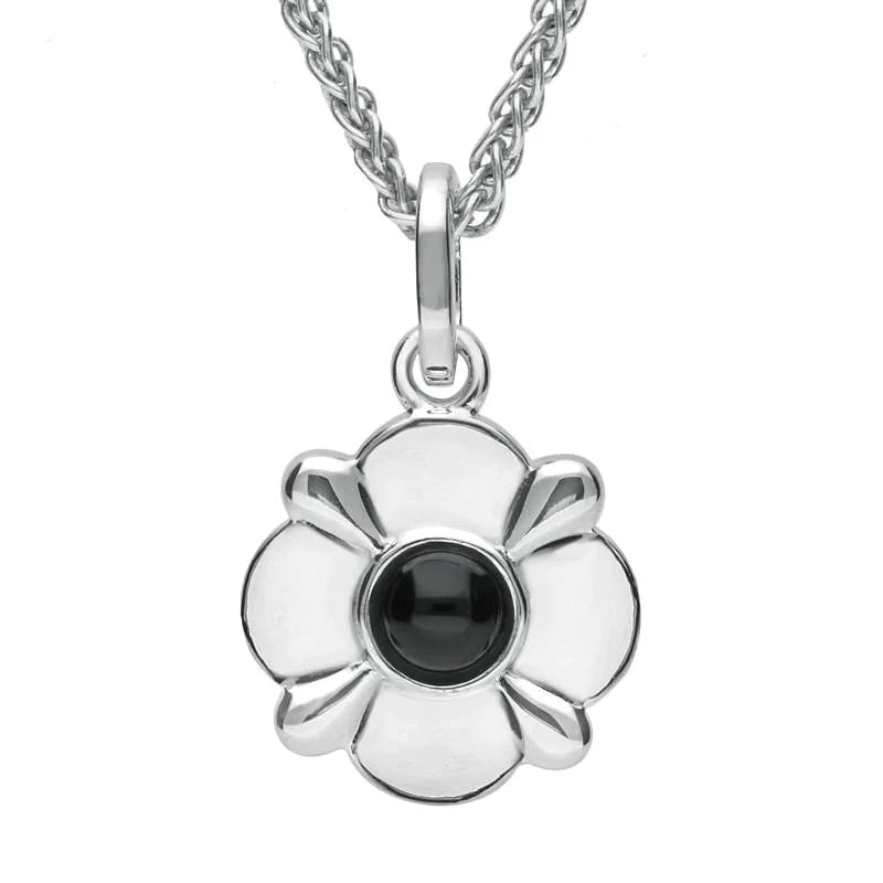 Sterling Silver Whitby Jet Four Petal Flower Necklace - Silver