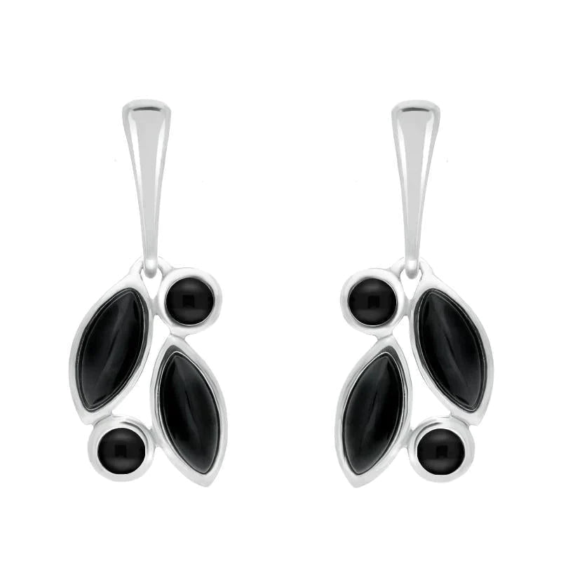 Sterling Silver Whitby Jet Four Stone Leaf Drop Earrings - Silver