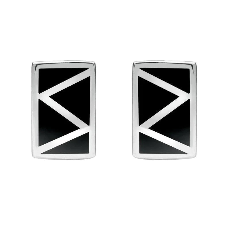 Sterling Silver Whitby Jet Four Stone Zigzag Oblong Stud Earrings - Silver