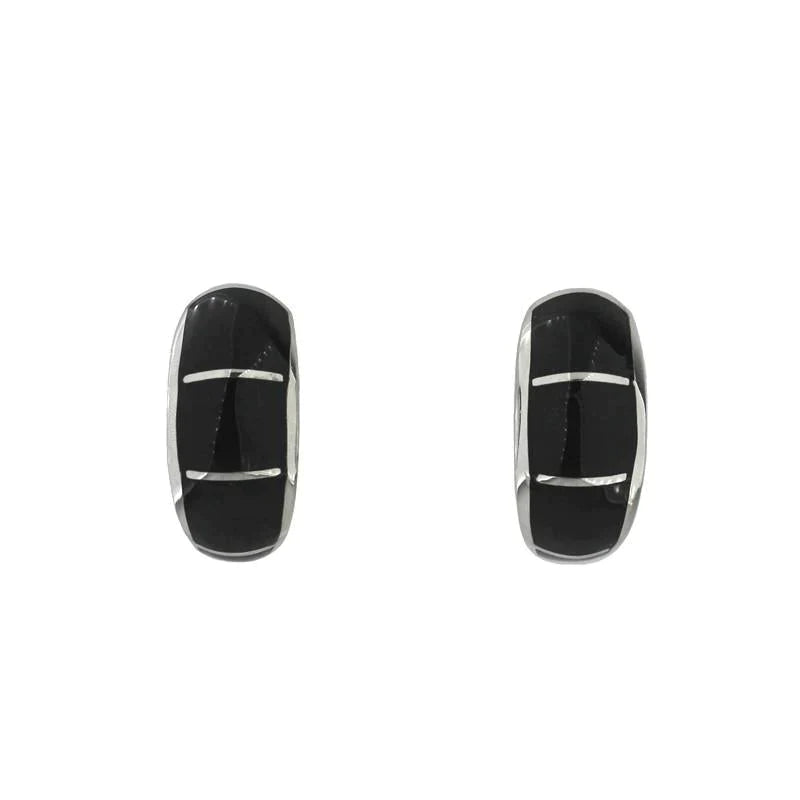 Sterling Silver Whitby Jet Four Stripe Horseshoe Stud Earrings - Silver