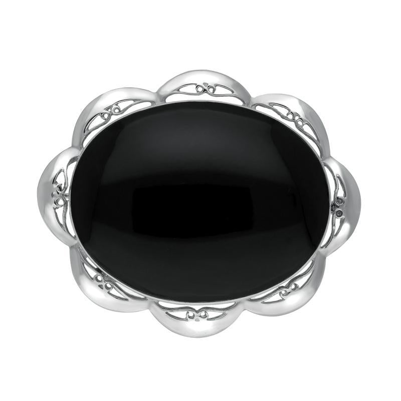 Sterling Silver Whitby Jet Framed Frill Edge Oval Brooch - Silver