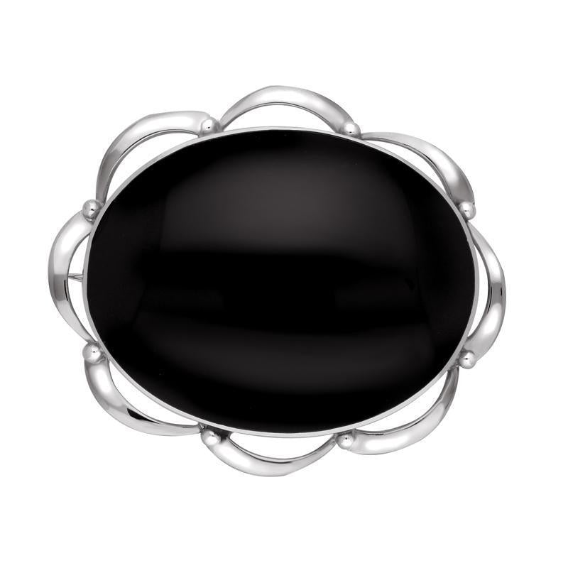 Sterling Silver Whitby Jet Frill Edge Oval Brooch - Silver