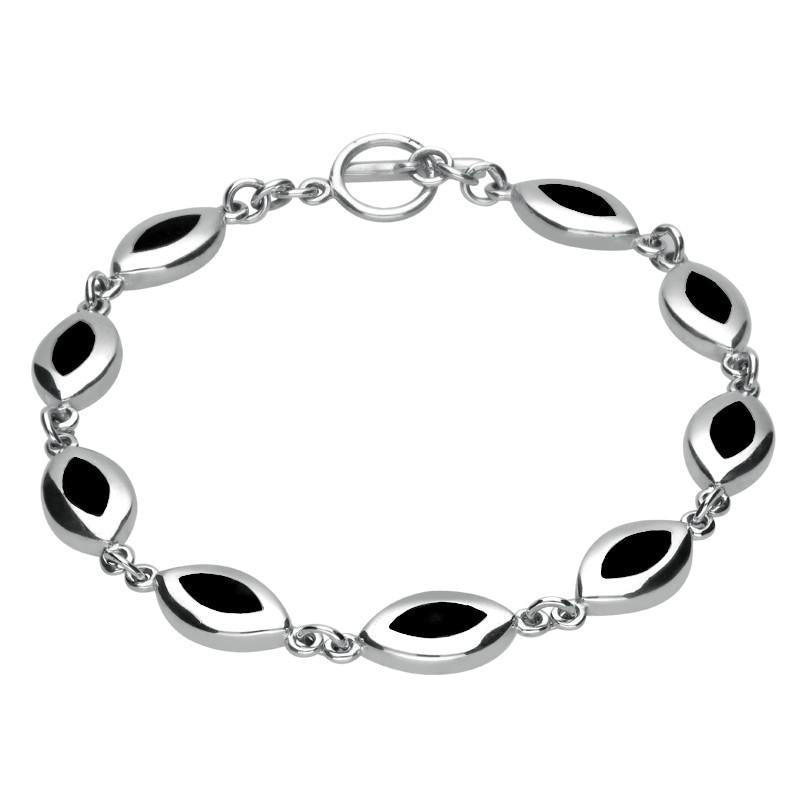 Sterling Silver Whitby Jet Framed Marquise Bracelet - Silver
