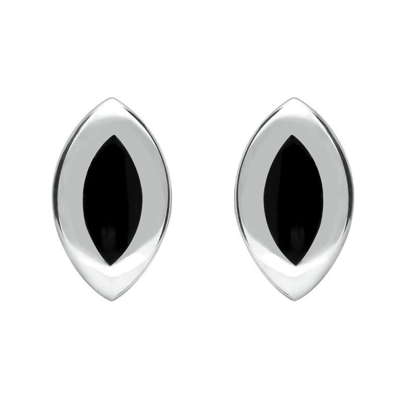 Sterling Silver Whitby Jet Framed Marquise Stud Earrings - Silver