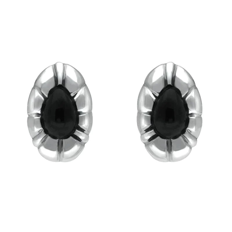 Sterling Silver Whitby Jet Framed Pear Stud Earrings - Silver