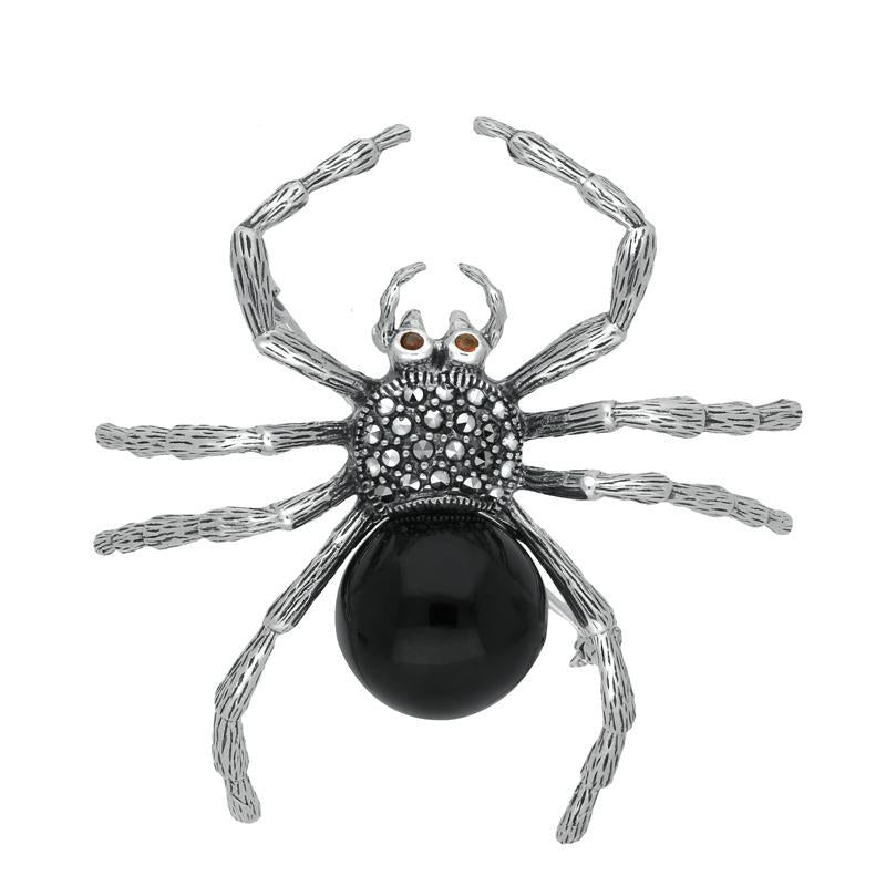 Sterling Silver Whitby Jet Marcasite and Garnet Spider Brooch - Silver