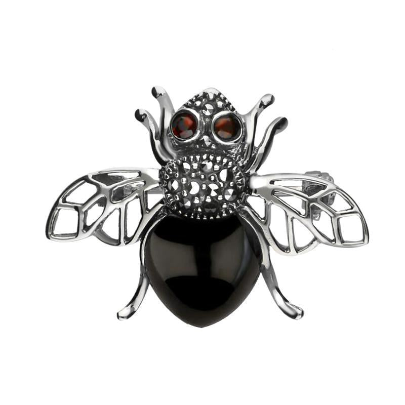 Sterling Silver Whitby Jet Marcasite Garnet Honey Bee Brooch - Silver