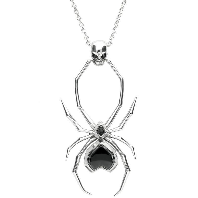 Sterling Silver Whitby Jet Gothic Spider Skull Necklace - Silver